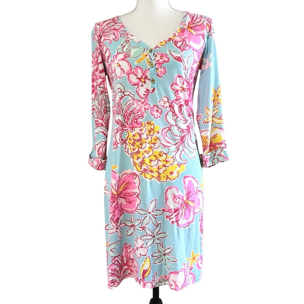 LILLY PULITZER Palmetto Dress sz S Breakwater Blue 3/4 Sleeve Floral Pima Cotton